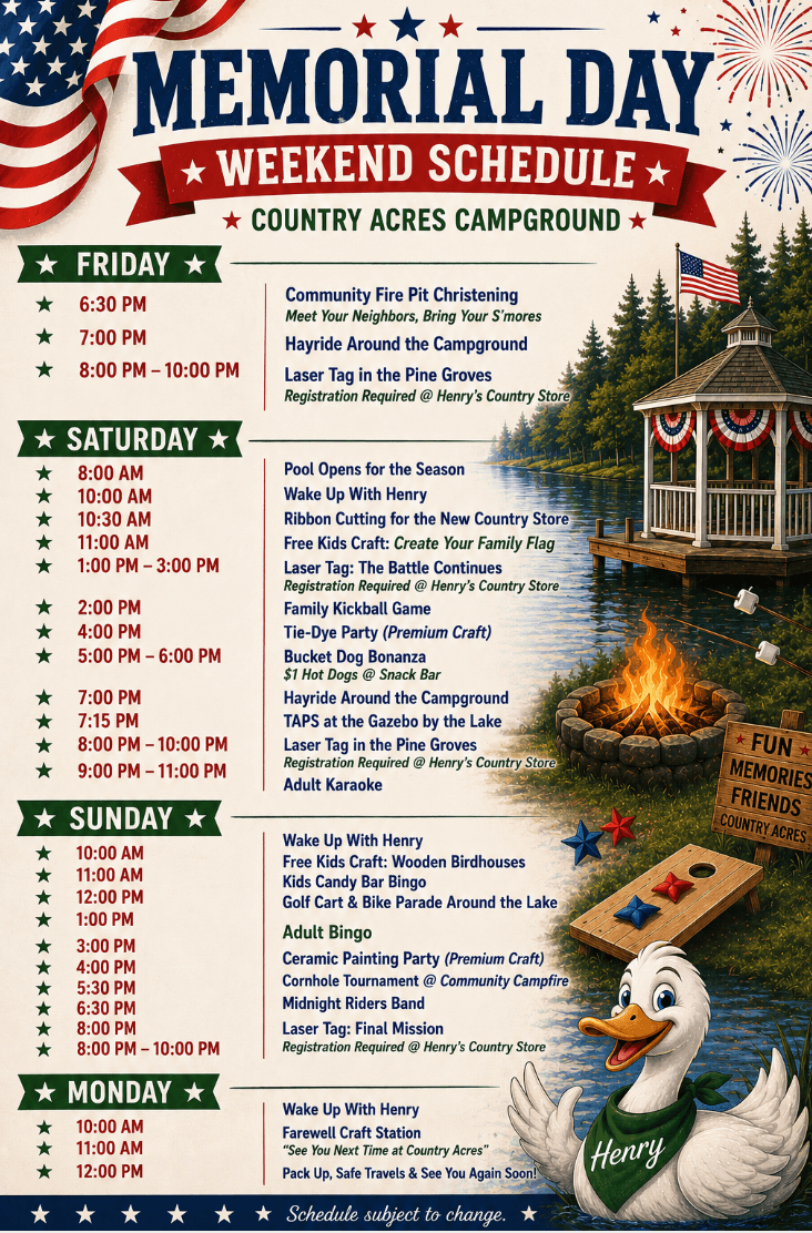 Country Acres Memorial Day Weekend Schedule, May 22 to 25